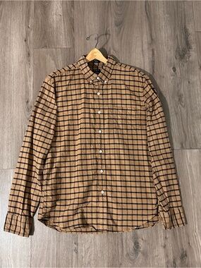J. Crew Cotton Shirt Slim Flex Oxford Plaid Button-Down Tan and Black